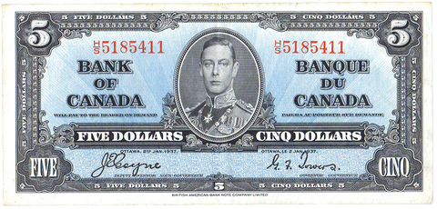 1937 Bank of Canada $5 Coyne-Towers BC-23c H/S ~ Choice Very Fine