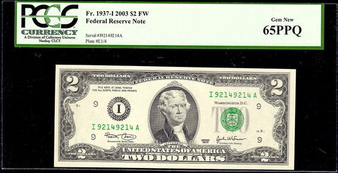 2003 $2 Federal Reserve Note Minneapolis District Fr. 1937-I Repeater - PCGS Gem New 65 PPQ