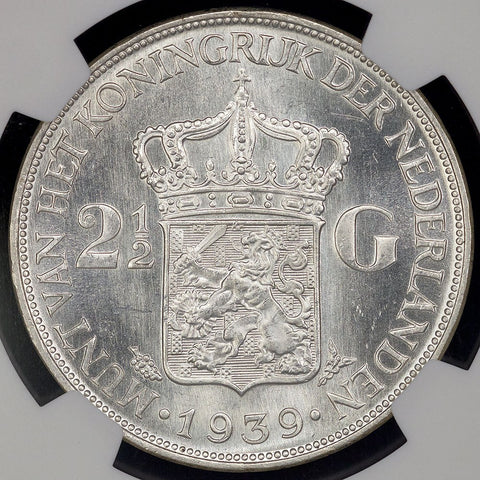 Netherlands - 1939 Wilhelmina I Silver 2 1/2 Gulden - KM.165 - NGC AU 58