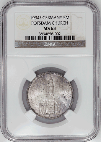 1934-F Germany, Third Reich Silver 5 Reichsmark (Potsdam) KM.83 - NGC MS 63