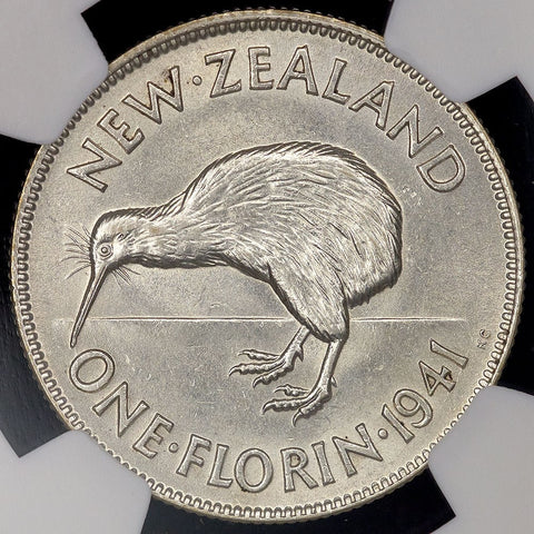 New Zealand - 1941 George VI Silver Florin - KM.10.1 - NGC AU 58
