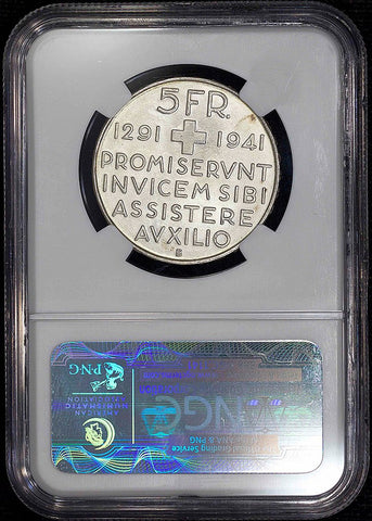 1941-B 650th Swiss Anniversary of Confederation Silver Commemorative 5 Francs ~ NGC MS 65