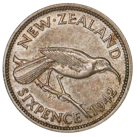 Key-Date 1942 New Zealand Silver 6 Pence KM.8 - Uncirculated