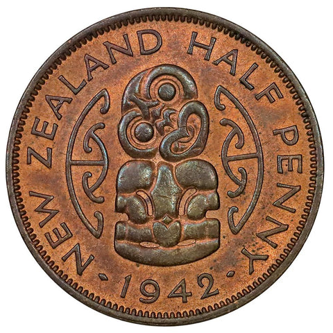 1942 New Zealand 1/2 Half Penny KM.12 - About Uncirculated