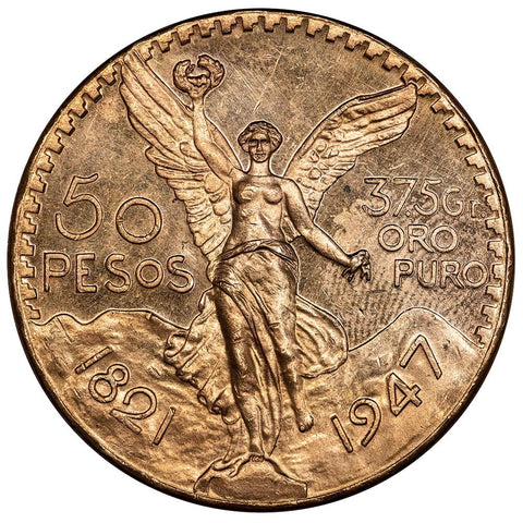 1947 Mexico $50 Peso Gold Coin - KM. 481 - Unc Details (Surface Damage)
