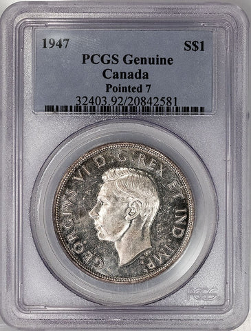 1947 Pointed 7 Canada George VI Silver Dollar KM.37 - PCGS Genuine - Choice AU