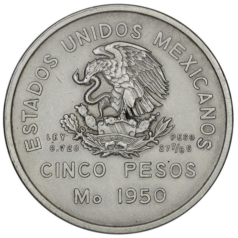 1950 Mexico Silver 5 Pesos Railroad Dollar KM.466 - Unc Details Cleaned