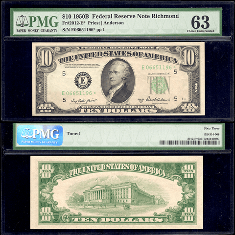 1950-B $10 Richmond Federal Reserve Star Note Fr. 2012-E* - PMG Choice Unc 63 Toned