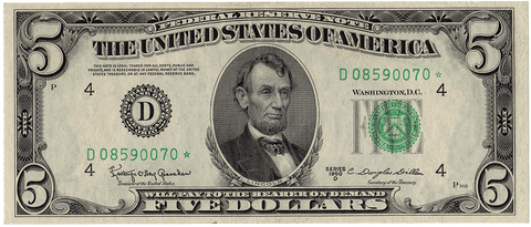 1950-D $5 Federal Reserve Star Note Cleveland District Fr. 1965-D* - Crisp AU/Uncirculated