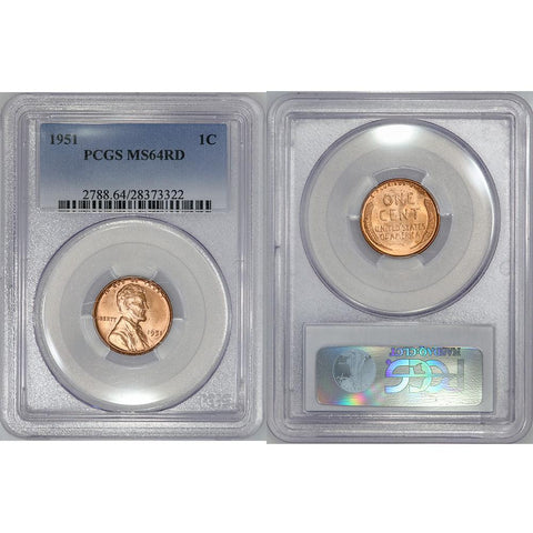 1951 Lincoln Wheat Cent - PCGS MS 64 RD - Choice Red