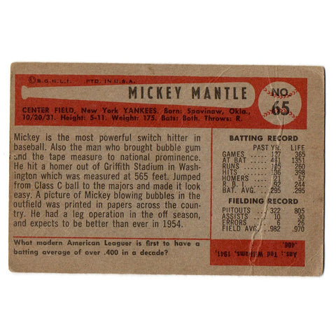 1954 Mickey Mantle New York Yankees Bowman #65 - Fair