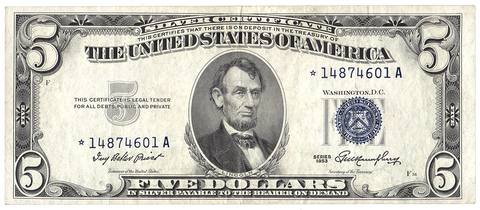 1953 $5 Silver Certificate Star Note Fr. 1655* - Crisp Very Fine