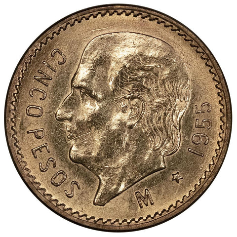 1955 Restrike Mexico 5 Peso Gold Coin KM. 464 - AU Detail (ex-jewelry)