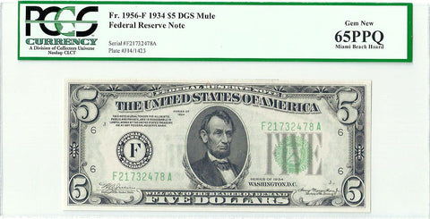 1934 $5 Federal Reserve Note Atlanta District Fr. 1956-F (Mule) - PCGS Very Choice New 64 PPQ