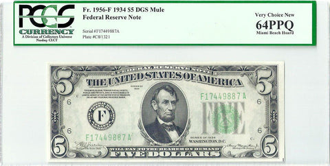 1934 $5 Federal Reserve Note Atlanta District Fr. 1956-F (Mule) - PCGS Very Choice New 64 PPQ