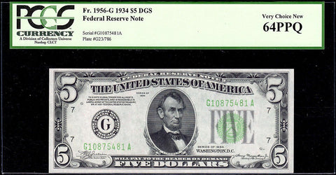 1934 $5 Federal Reserve Note Chicago District DGS Fr. 1956-G - PCGS Very Choice New 64 PPQ