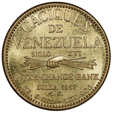 1957 Venezuela 20 Bolivars Gold - KM. X#MB92 - PQ Brilliant Uncirculated