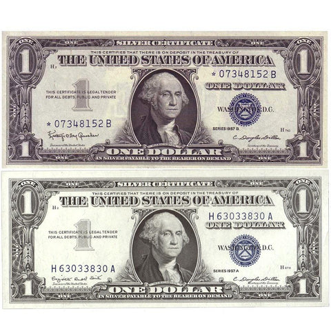 Pair of 1957 $1 Silver Certificates (One Star Note) ~ Crisp Uncirculated