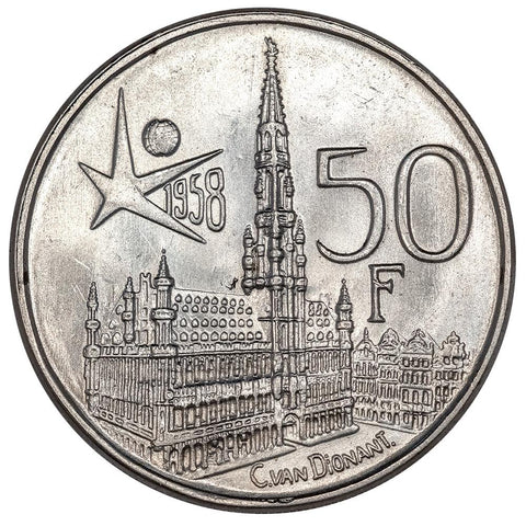 1958 Belgium Silver 50 Francs KM.150.1 - About Uncirculated+