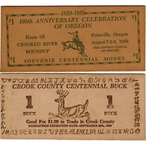 1959 Crook County Centennial Buck (Statehood Centennial) Made of Leather - Unc