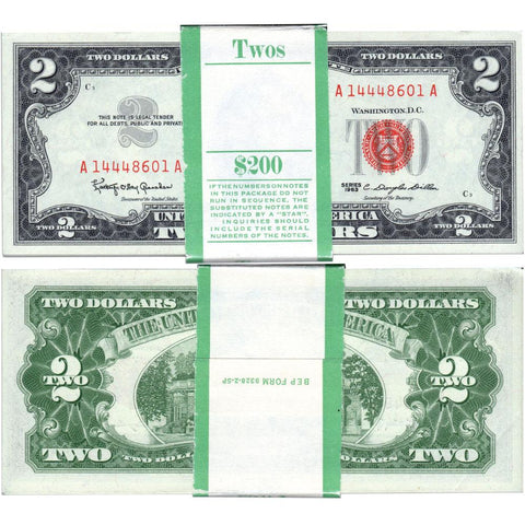 BEP Pack of 100 - 1963 $2 Red Seal U.S. Legal Tender Notes - Choice to Gem Unc