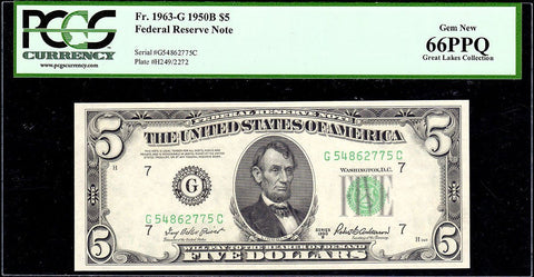 1950-B $5 Federal Reserve Note Chicago District Fr. 1963-G - PCGS Gem New 66 PPQ