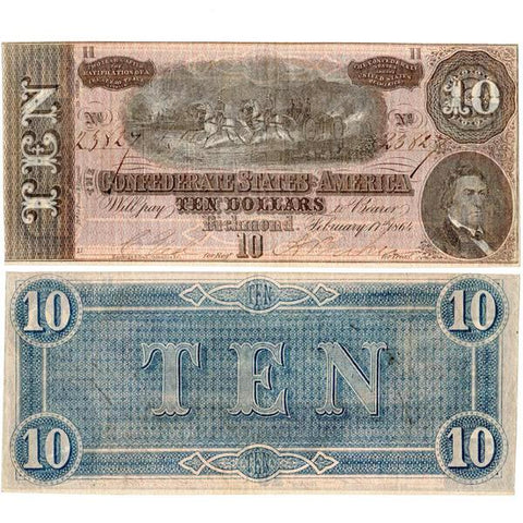 T-68 (Red) 1864 $10 Confederate States of America Notes Deal - Very Fine