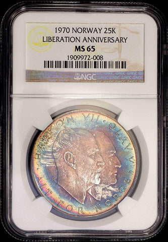 Norway - 1970 Liberation Anniversary Silver 25 Kronor - KM.414 - NGC MS 65 - Colorful!