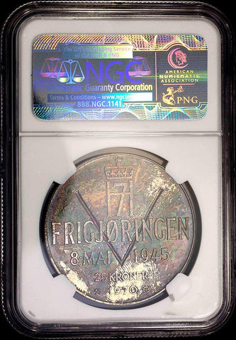 Norway - 1970 Liberation Anniversary Silver 25 Kronor - KM.414 - NGC MS 65 - Colorful!