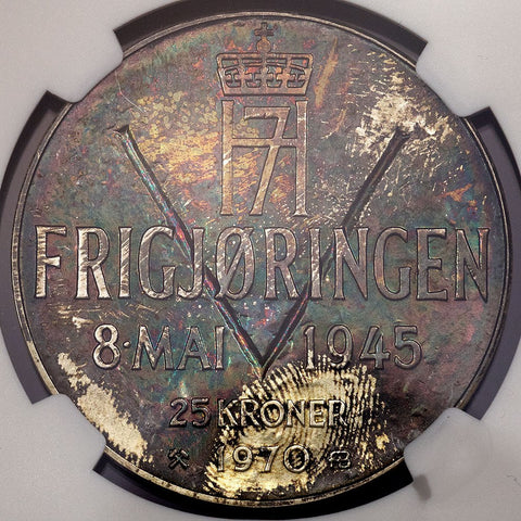 Norway - 1970 Liberation Anniversary Silver 25 Kronor - KM.414 - NGC MS 65 - Colorful!