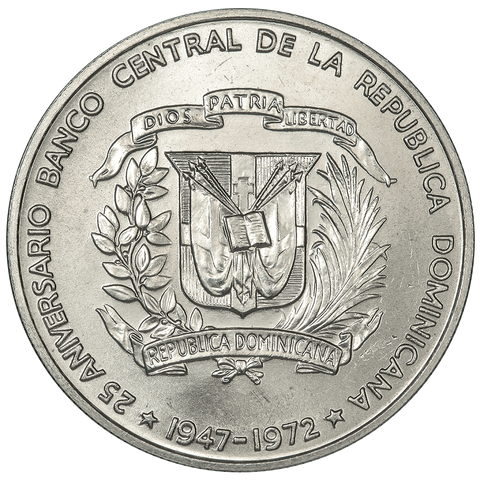 1972 Dominican Republic Silver Peso 25th Anniversary - Central Bank KM.34 - Gem Brilliant Uncirculated