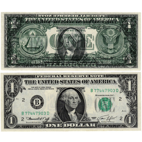 1974 $1 Federal Reserve Note Fr. 1908-B - Full Front to Back Offset Error - Crisp Uncirculated