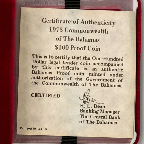 Proof 1975 Bahamas $100 2nd Anniversary of Independence Gold - Gem Proof - Mintage: 3,145