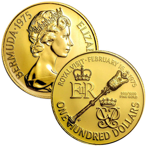 1975 Bermuda $100 Dollar Gold Royal Visit Coin - KM.24 - Gem