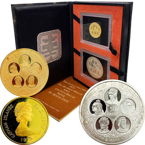 1975 2-Coin Cayman Islands Gold & Silver 6-Queens Set - Gem Proof in OGP w/COA