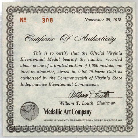 1976 Virginia Independence Bicentennial .750 (18K) Medallic Art Gold Medal - Scarce!