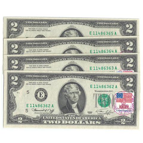 Four 1976 $2 Richmond Federal Reserve Notes 1st Day of Issue w/ Stamp - Gem Uncirculated