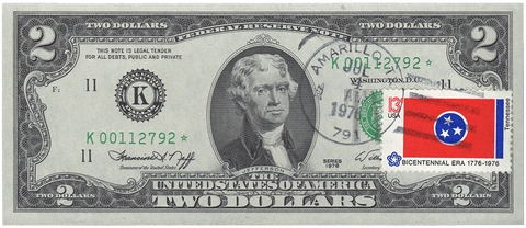 1976 $2 Dallas Federal Reserve Star Note 1st Day Issue w/ Stamp Amarillo, TX Fr. 1935-K*