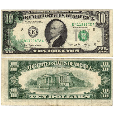 1977 $10 Federal Reserve Note - Partial Back to Front Offset - Very Fine