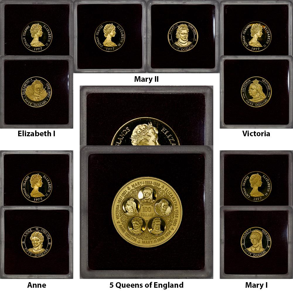 1977 5-Coin Cayman Islands Gold Queens Collection (1.28 AGW) - Gem Pro