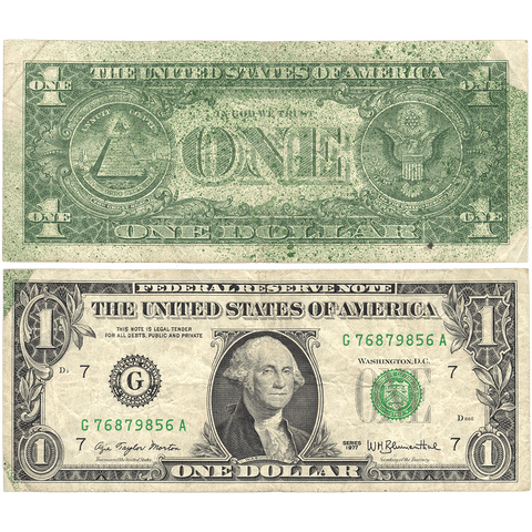 1977 $1 Federal Reserve Note Fr. 1909-G - Ink Smear/Splatter Error - Nominal VF