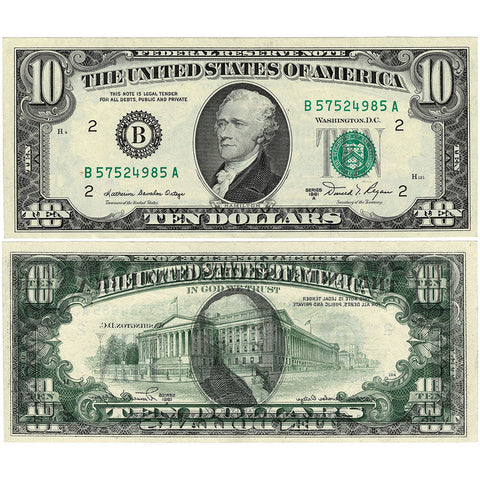 1981-A $10 New York Federal Reserve Note - Full Front to Back Offset Error - Choice Very Fine