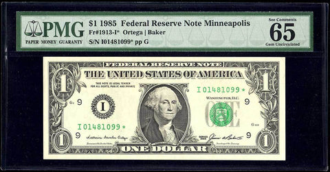 1985 $1 Minneapolis Federal Reserve Star Note Fr. 1913-I* - PMG Gem Uncirculated 65 EPQ