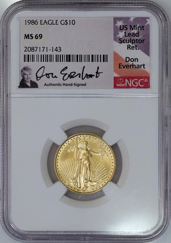 1986 $10 Quarter 1/4 Ounce American Gold Eagle - NGC MS 69 Everhart Signature