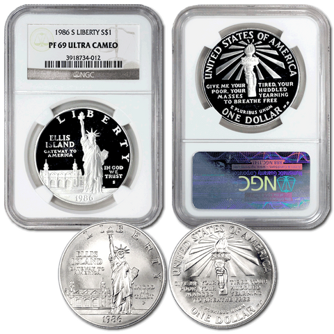 Pair of 1986 Statue of Liberty Commemorative Silver Dollars in NGC MS 69 & PF 69