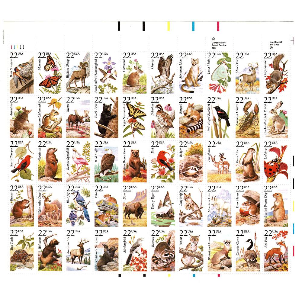 North American Wildlife Complete Sheet – 50 X 22 Cents US Postage Stamps Collection 2286-2335