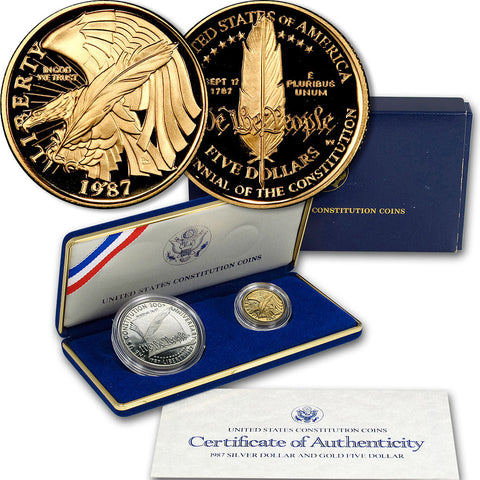 1987 Gold $5 and Silver $1 Constitution Commemorative 2-Coin Set - Gem Proof in OGP w/ COA