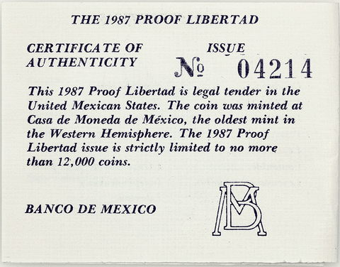 1987 Mexico Proof 1 Onza "Libertad" 1 oz Silver KM.494.1 - Gem Proof in Box/COA
