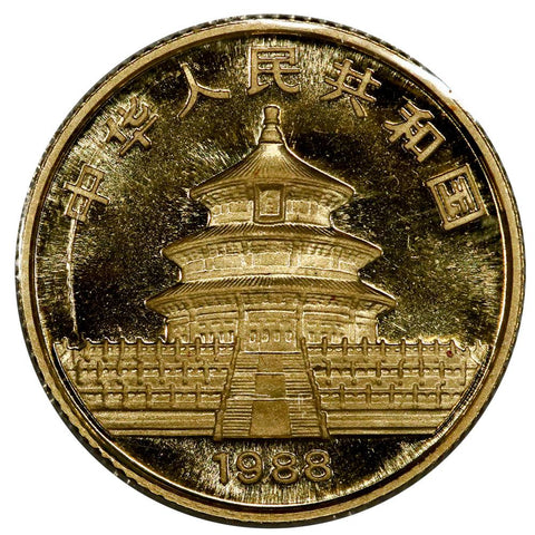 1988 China 10 Yuan 1/10 oz Gold Panda - Gem Uncirculated in Mint Plastic