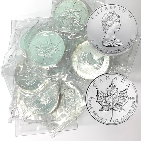 Back-Date 1 oz Canadian Silver Maple Leaf $5 Coins, 1 toz Fine Silver, In Plastic - SALE